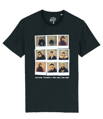 black t-shirt with pictures of c tangana